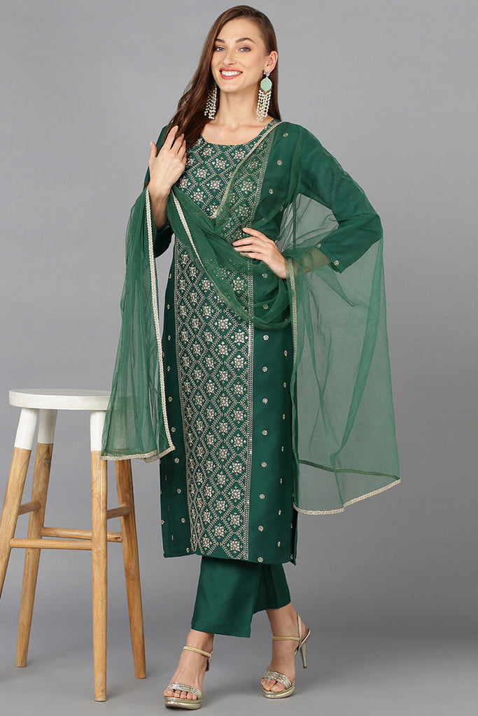 Dark Green Silk Blend Embroidered Party wear Suit Set VKSKD1783