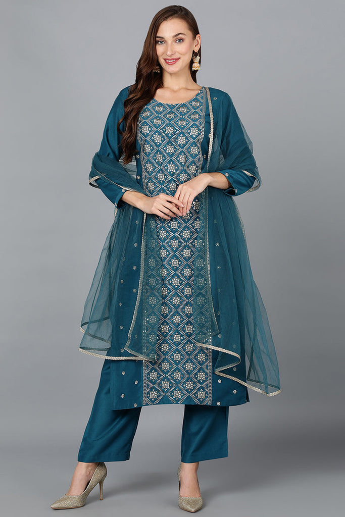 Silk Blend Teal Blue Festive wear Suit Set VKSKD1784