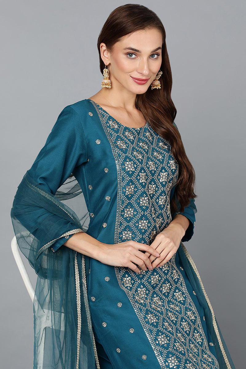 Silk Blend Teal Blue Festive wear Suit Set VKSKD1784