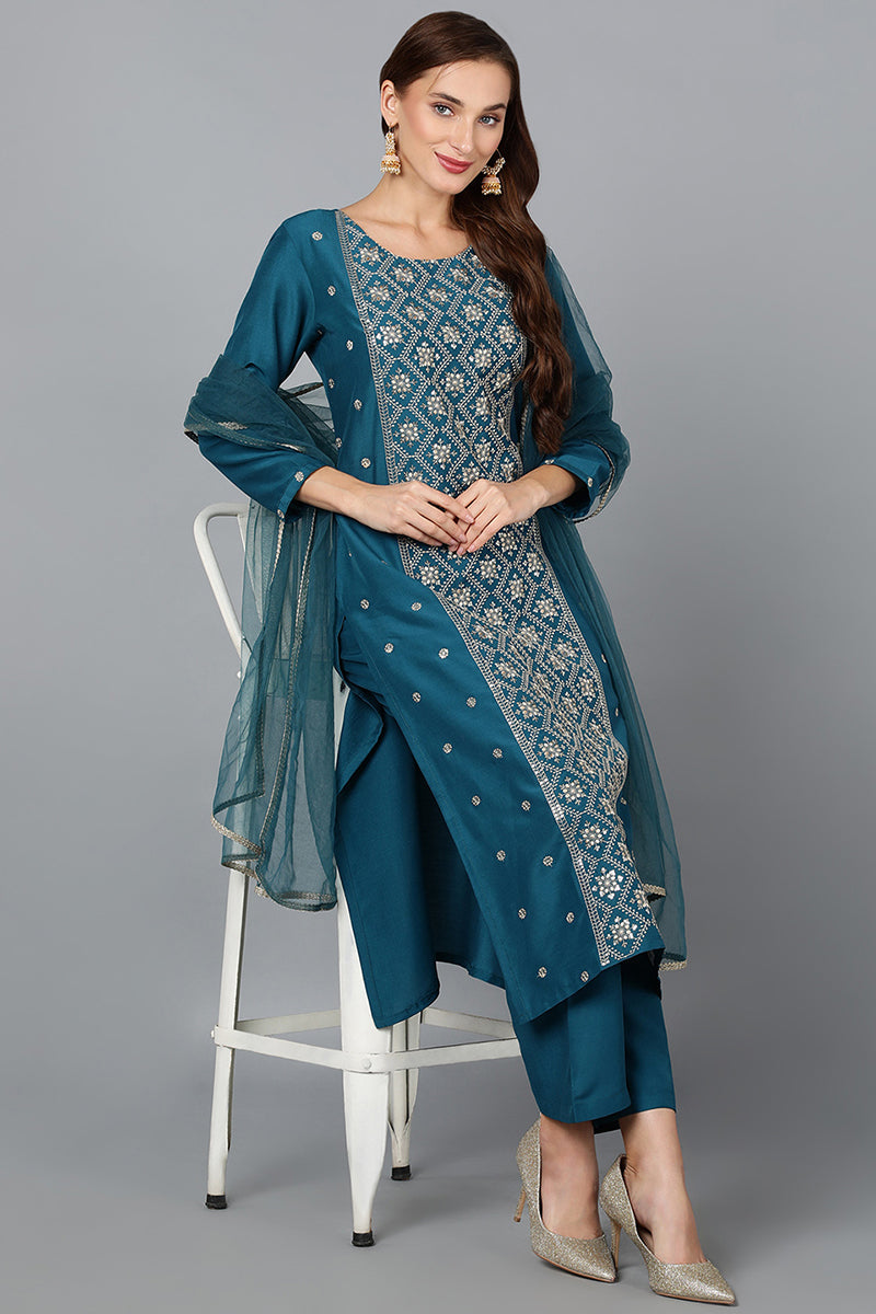 Silk Blend Teal Blue Festive wear Suit Set VKSKD1784