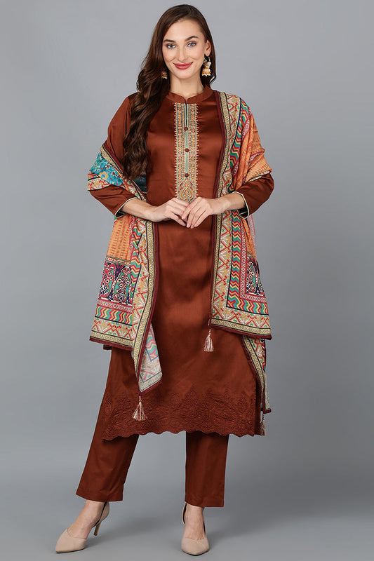 Camel Brown Cotton Blend Straight Kurta Pant With Dupatta VKSKD1789