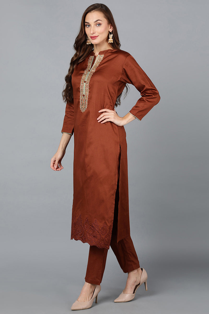 Camel Brown Cotton Blend Straight Kurta Pant With Dupatta VKSKD1789