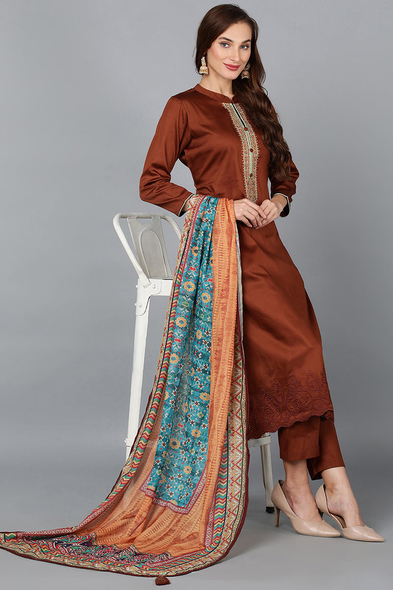 Camel Brown Cotton Blend Straight Kurta Pant With Dupatta VKSKD1789