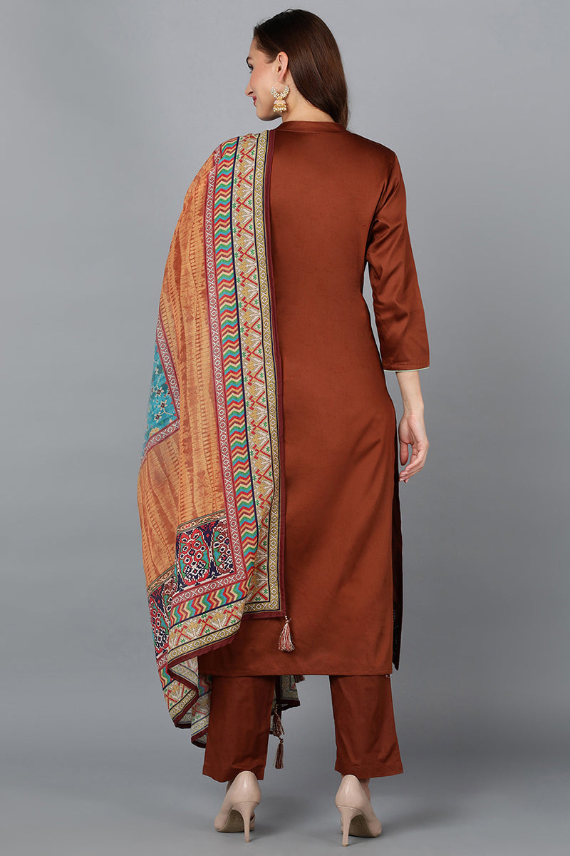 Camel Brown Cotton Blend Straight Kurta Pant With Dupatta VKSKD1789