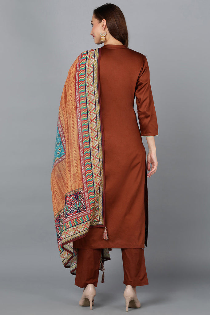 Camel Brown Cotton Blend Straight Kurta Pant With Dupatta VKSKD1789