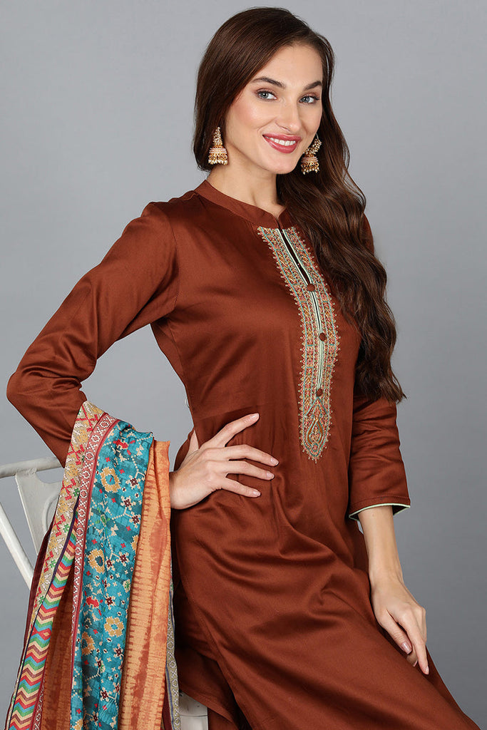 Camel Brown Cotton Blend Straight Kurta Pant With Dupatta VKSKD1789