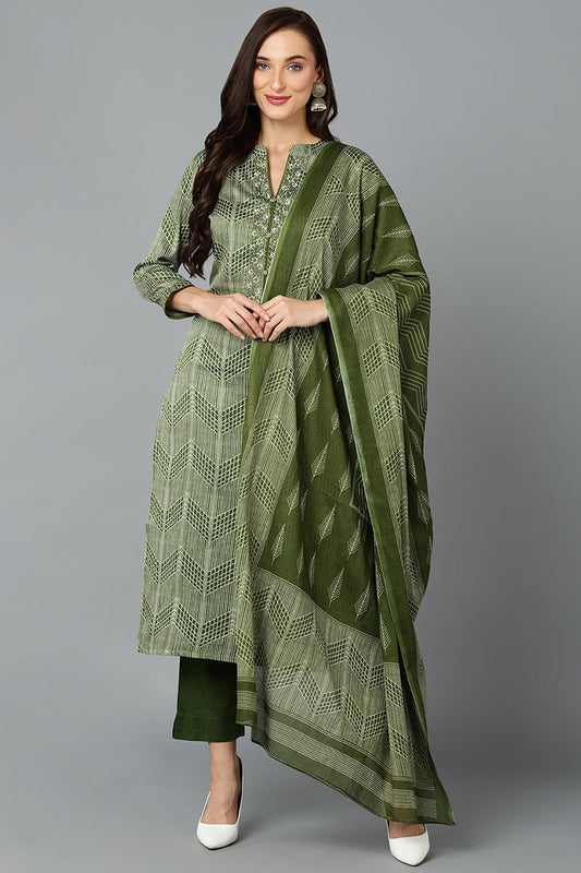 Fern Green Rayon Blend Straight Suit Set VKSKD1808