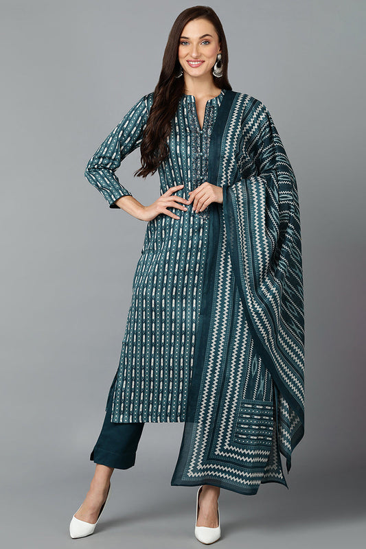 Rayon Blend Teal Straight Kurta Pant With Dupatta VKSKD1810