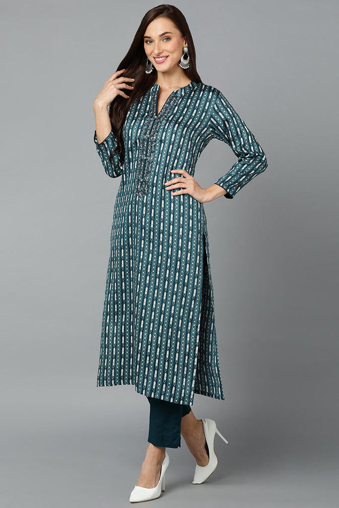 Rayon Blend Teal Straight Kurta Pant With Dupatta VKSKD1810