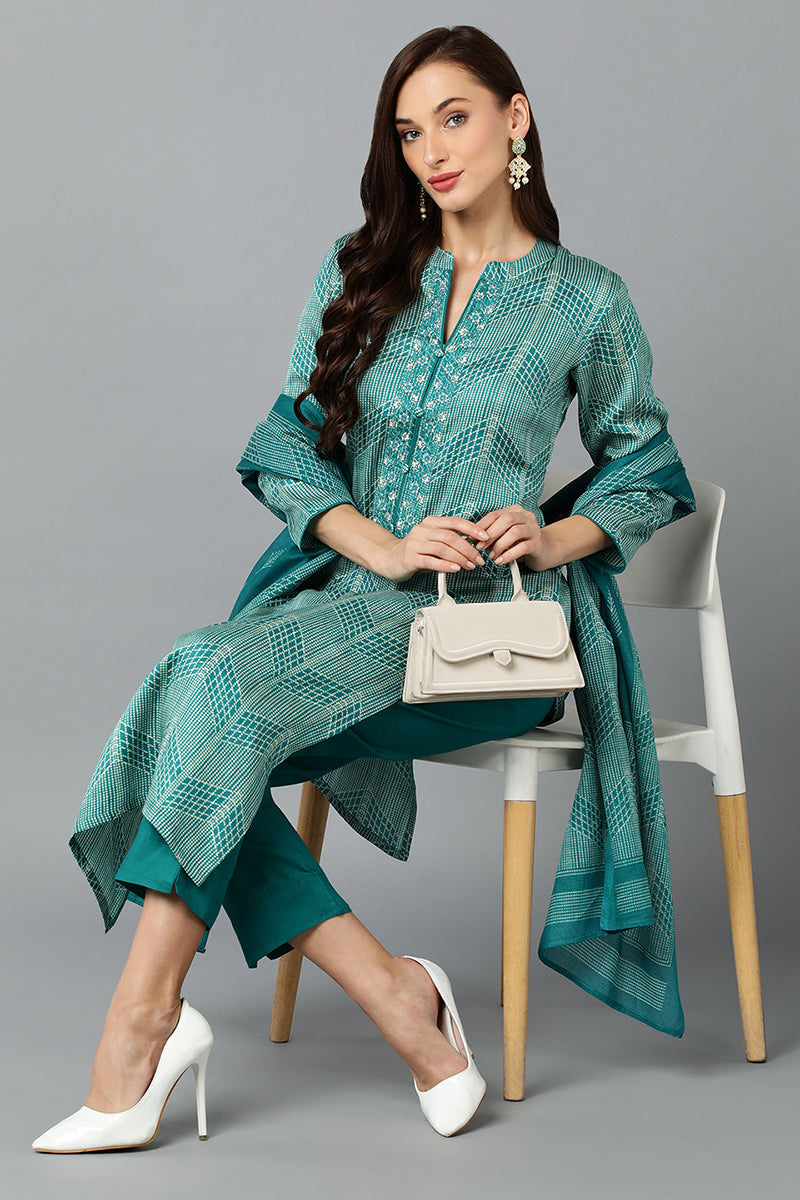 Rama Green Rayon Blend Straight Suit Set VKSKD1814