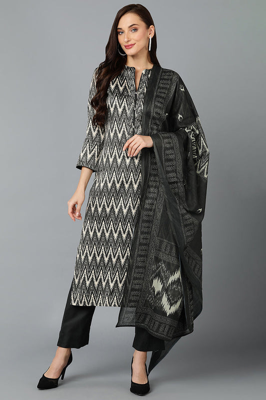 Silk Blend Charcoal Straight Kurta Pant With Dupatta VKSKD1817