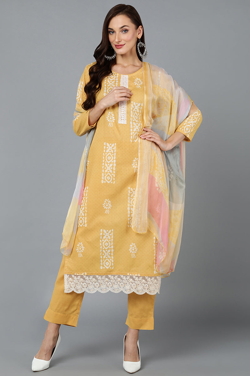 Yellow Silk Blend Straight Suit Set VKSKD1833