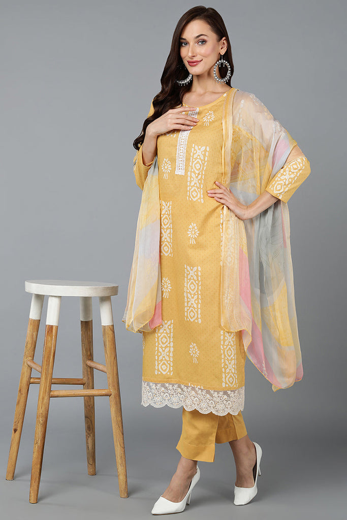 Yellow Silk Blend Straight Suit Set VKSKD1833