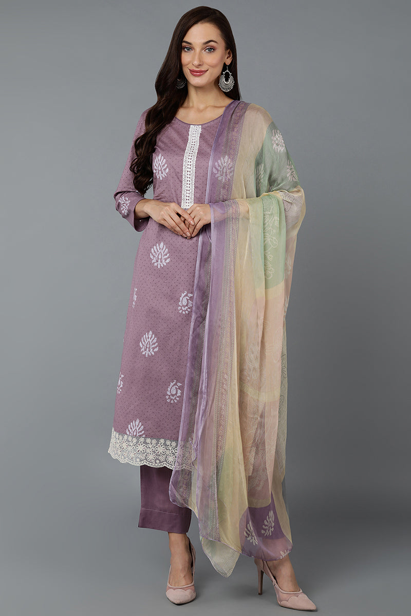 Lilac Silk Blend Straight Suit Set VKSKD1834