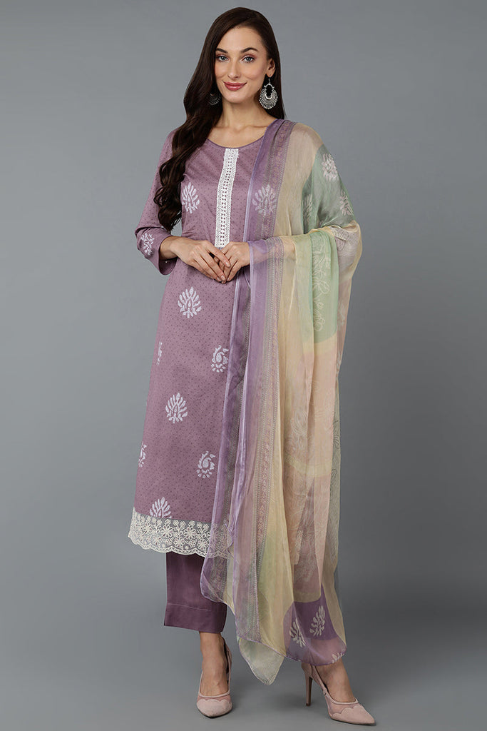 Lilac Silk Blend Straight Suit Set VKSKD1834