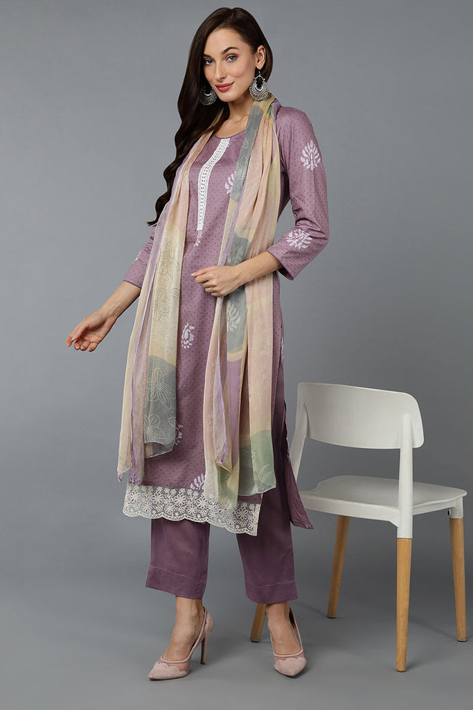 Lilac Silk Blend Straight Suit Set VKSKD1834