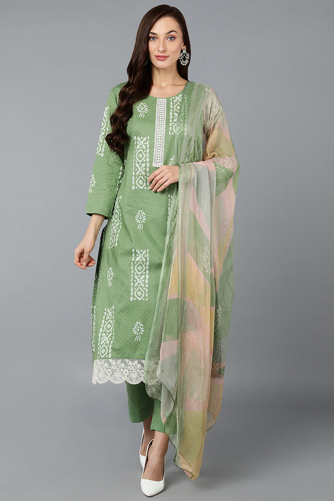 Sea Green Silk Blend Straight Suit Set VKSKD1835