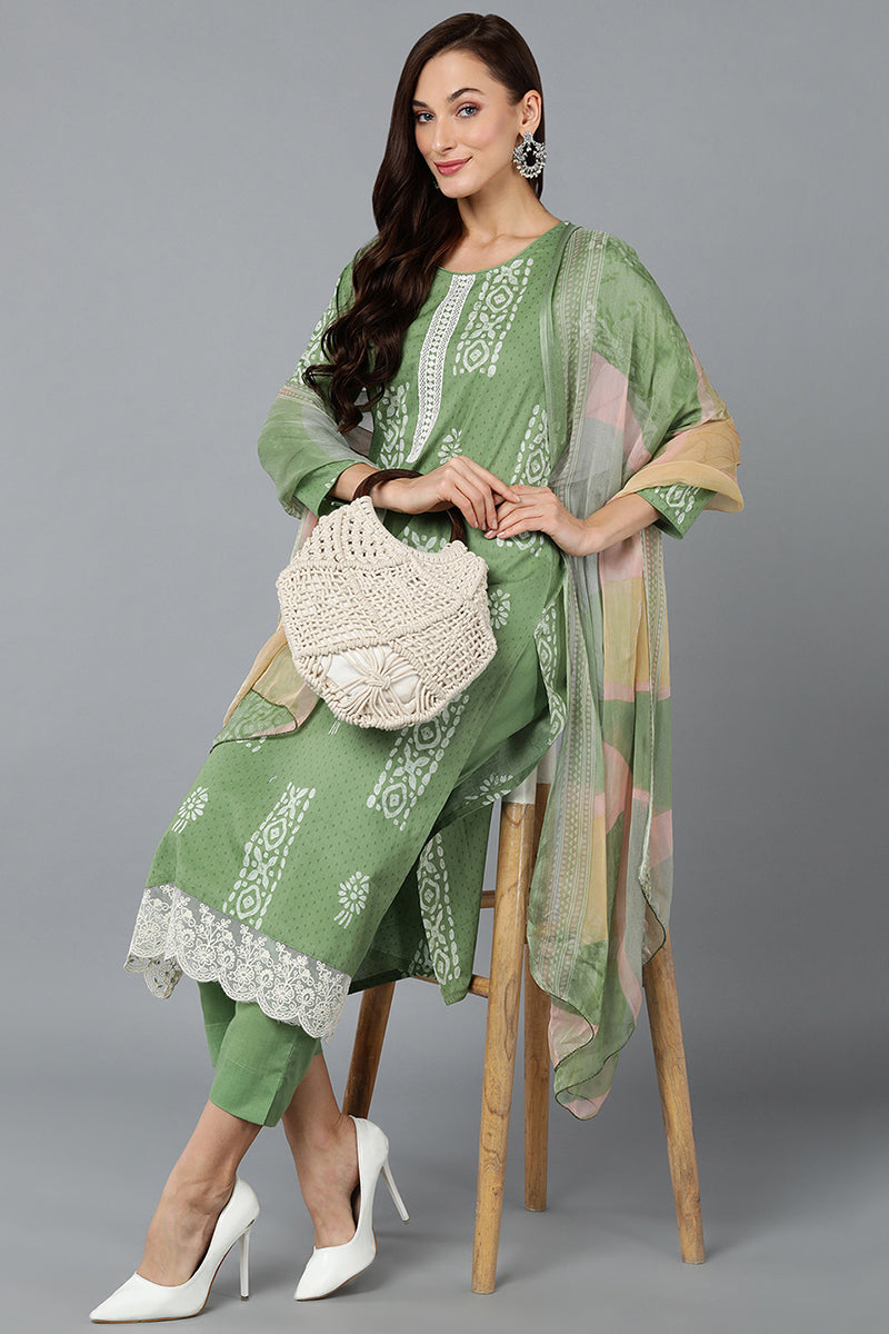 Sea Green Silk Blend Straight Suit Set VKSKD1835