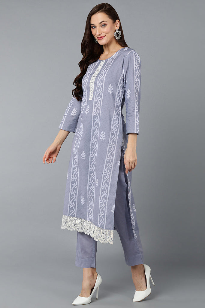 Lavender Silk Blend Straight Suit Set VKSKD1836