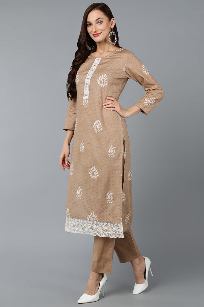 Taupe Silk Blend Straight Suit Set VKSKD1839