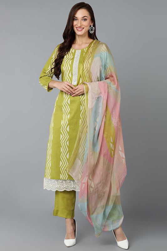 Lemon Green Silk Blend Straight Suit Set VKSKD1840