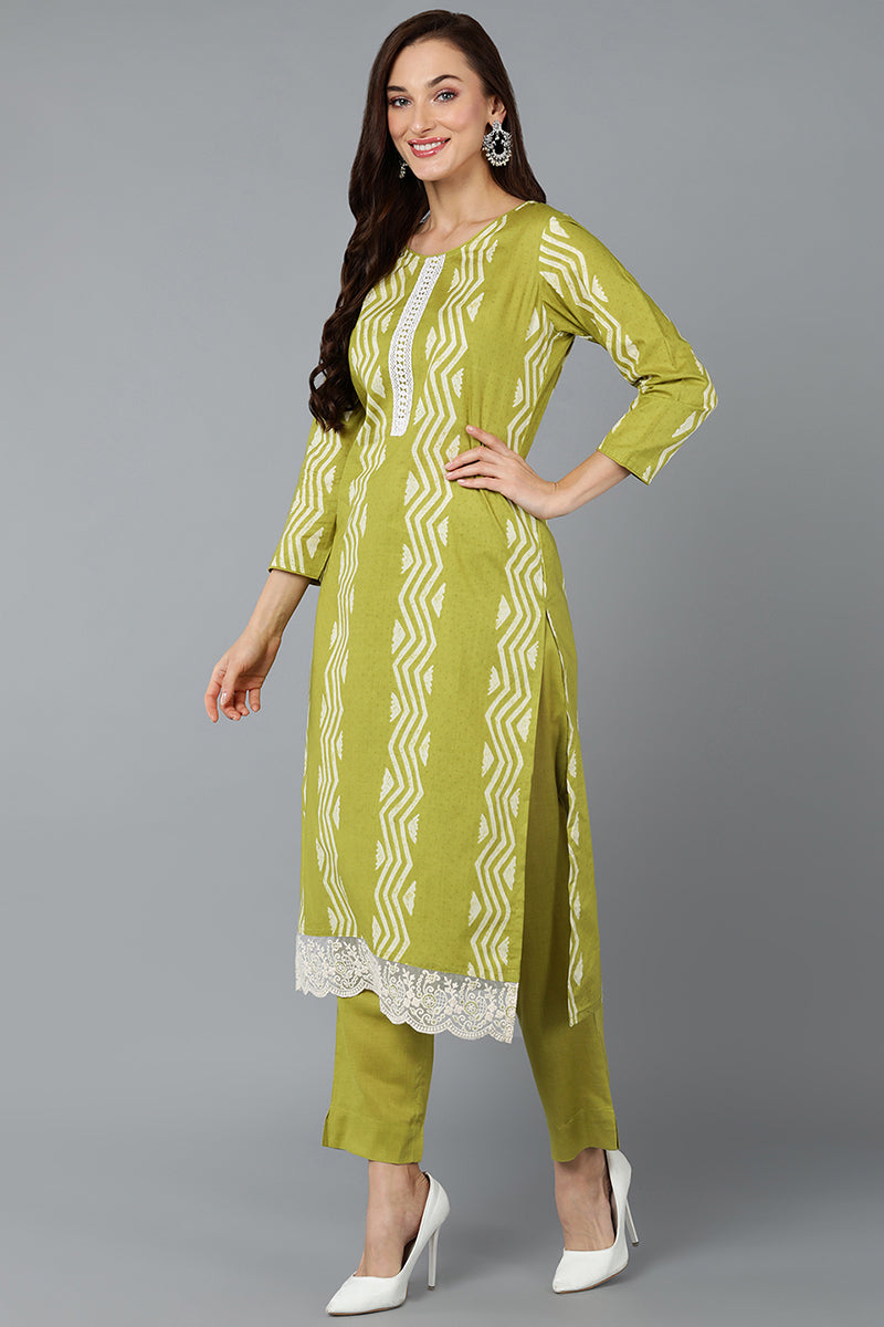 Lemon Green Silk Blend Straight Suit Set VKSKD1840