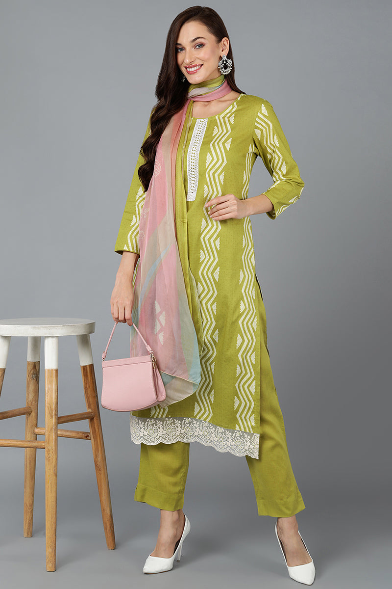 Lemon Green Silk Blend Straight Suit Set VKSKD1840