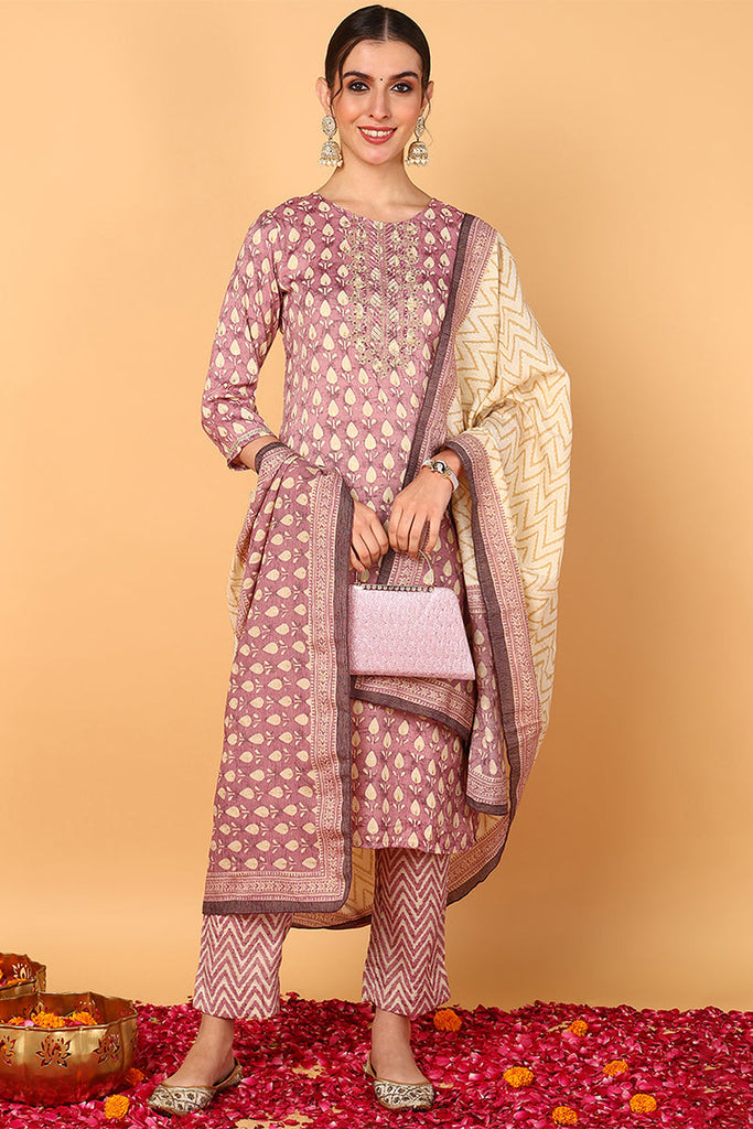 Mauve Silk Blend Ethnic Motifs Printed Straight Suit Set VKSKD1842