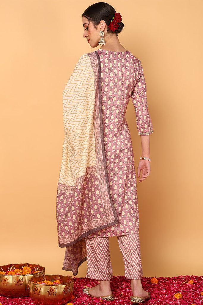 Mauve Silk Blend Ethnic Motifs Printed Straight Suit Set VKSKD1842