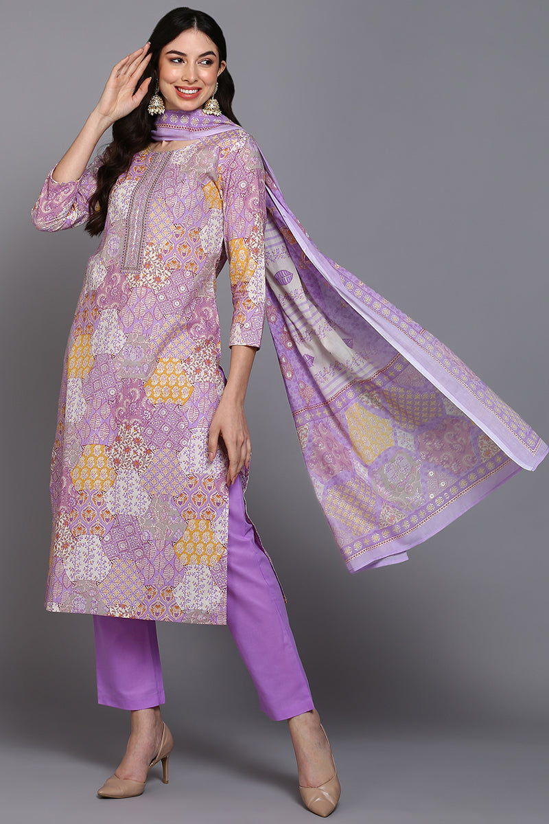 Cotton Lavender Printed Straight Kurta Pant With Dupatta VKSKD1853