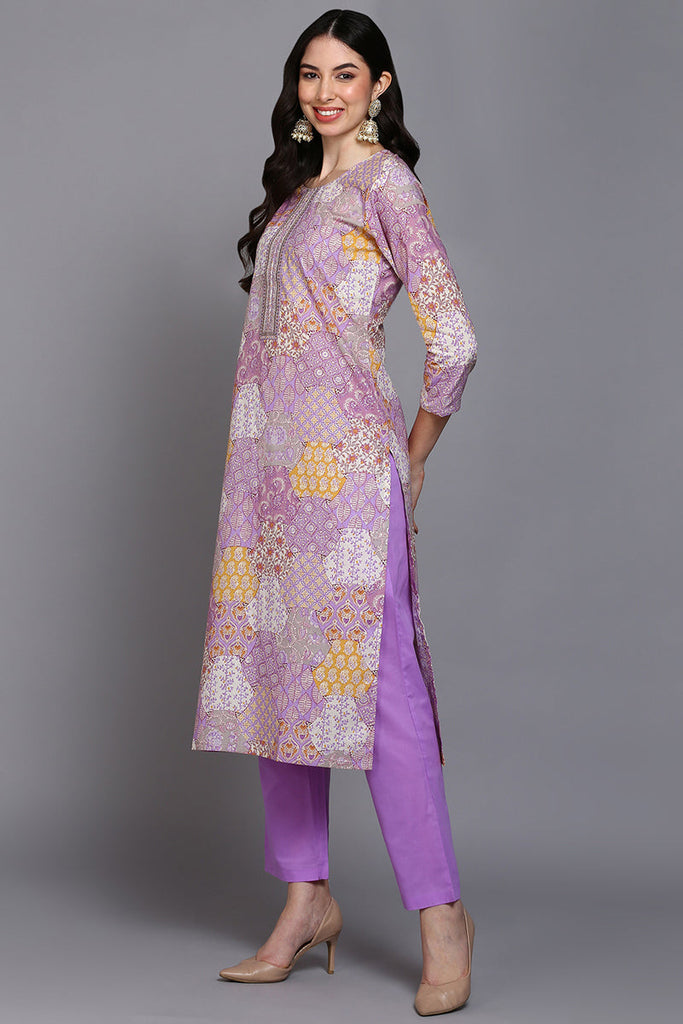 Cotton Lavender Printed Straight Kurta Pant With Dupatta VKSKD1853