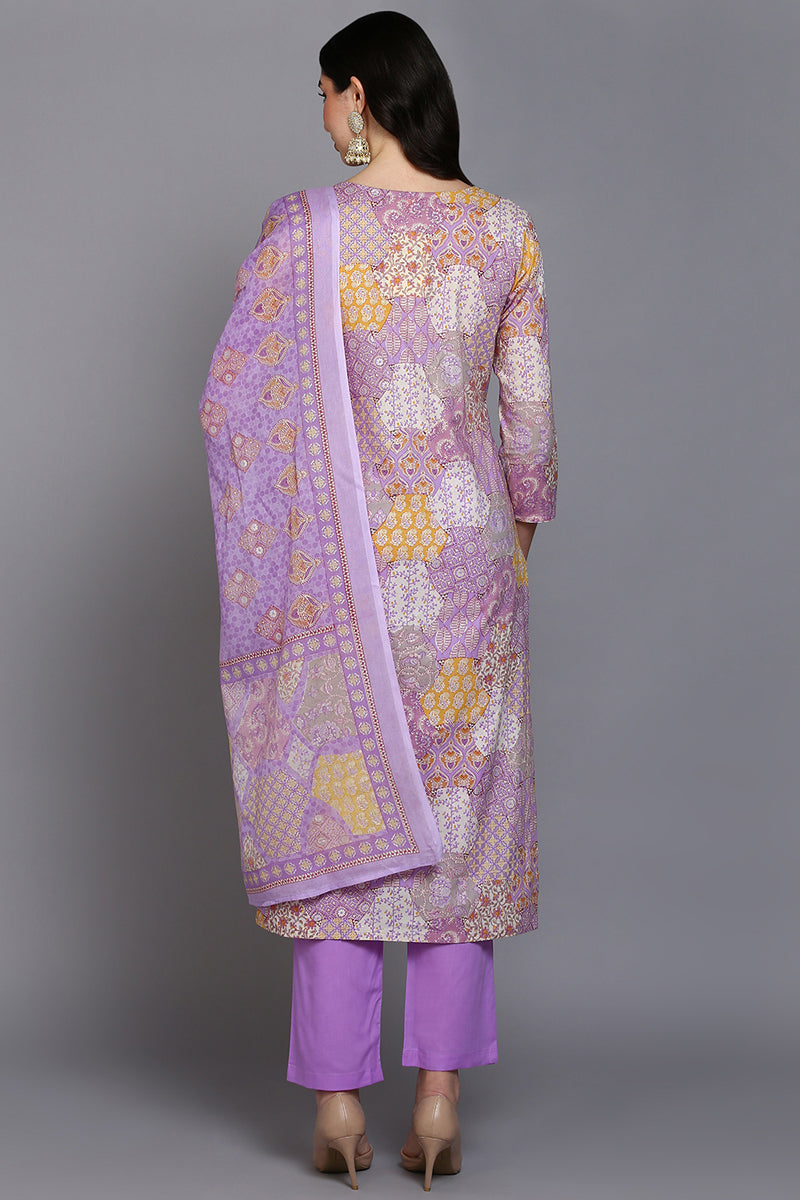 Cotton Lavender Printed Straight Kurta Pant With Dupatta VKSKD1853