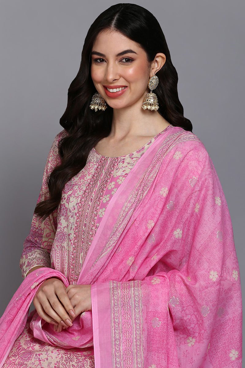 Cotton Pink Printed Straight Kurta Pant With Dupatta VKSKD1856