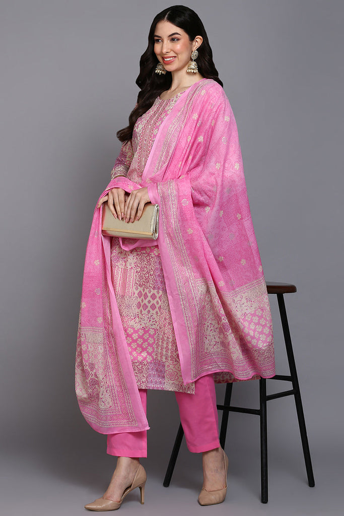 Cotton Pink Printed Straight Kurta Pant With Dupatta VKSKD1856