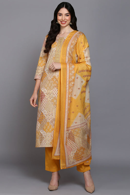 Cotton Mustard Printed Straight Kurta Pant With Dupatta VKSKD1857