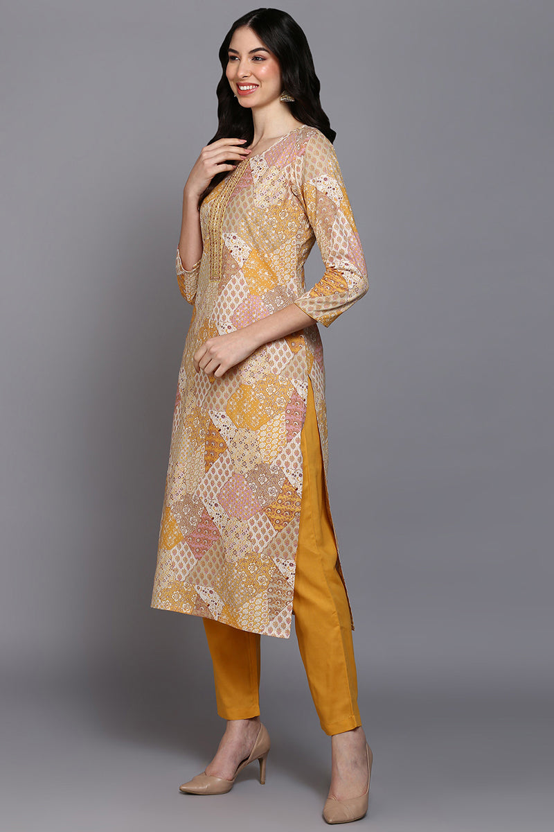 Cotton Mustard Printed Straight Kurta Pant With Dupatta VKSKD1857