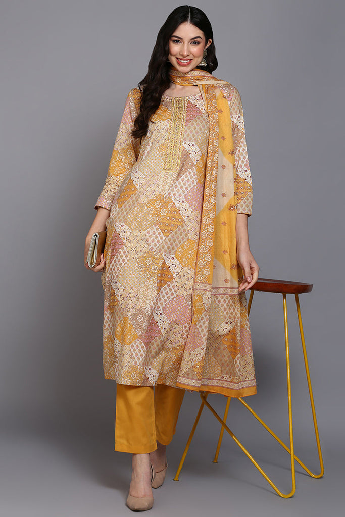 Cotton Mustard Printed Straight Kurta Pant With Dupatta VKSKD1857