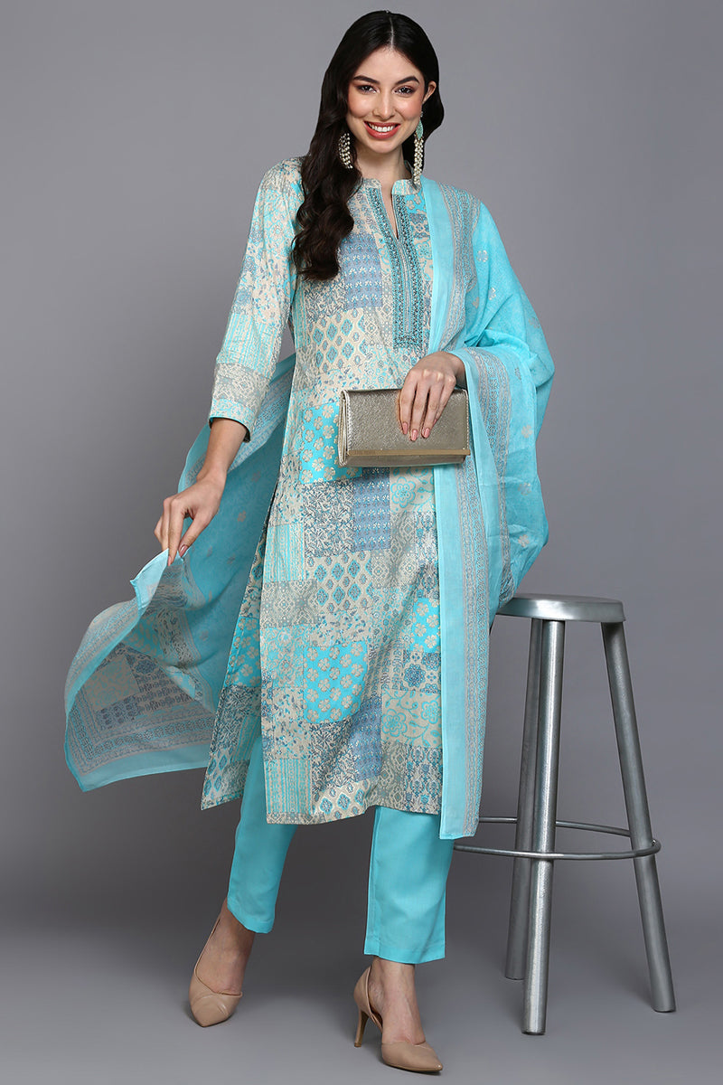 Cotton Blue Printed Straight Kurta Pant With Dupatta VKSKD1858