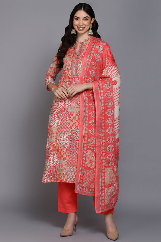 Cotton Coral Peach Printed Straight Kurta Pant With Dupatta VKSKD1859