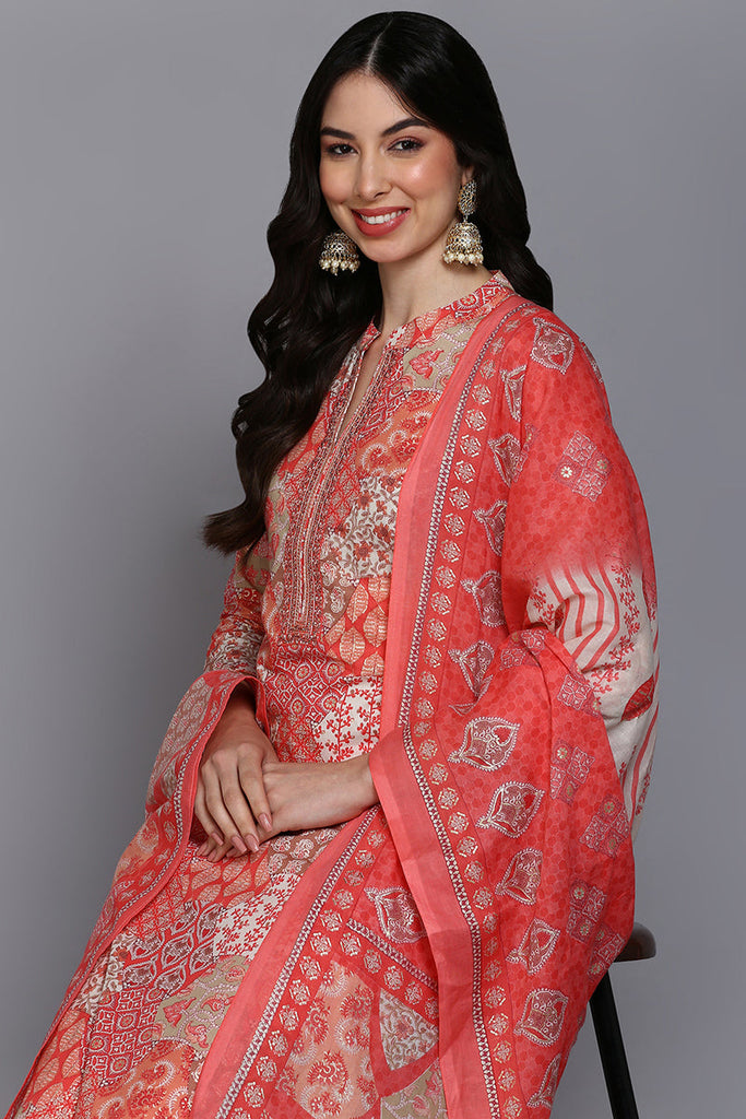 Cotton Coral Peach Printed Straight Kurta Pant With Dupatta VKSKD1859