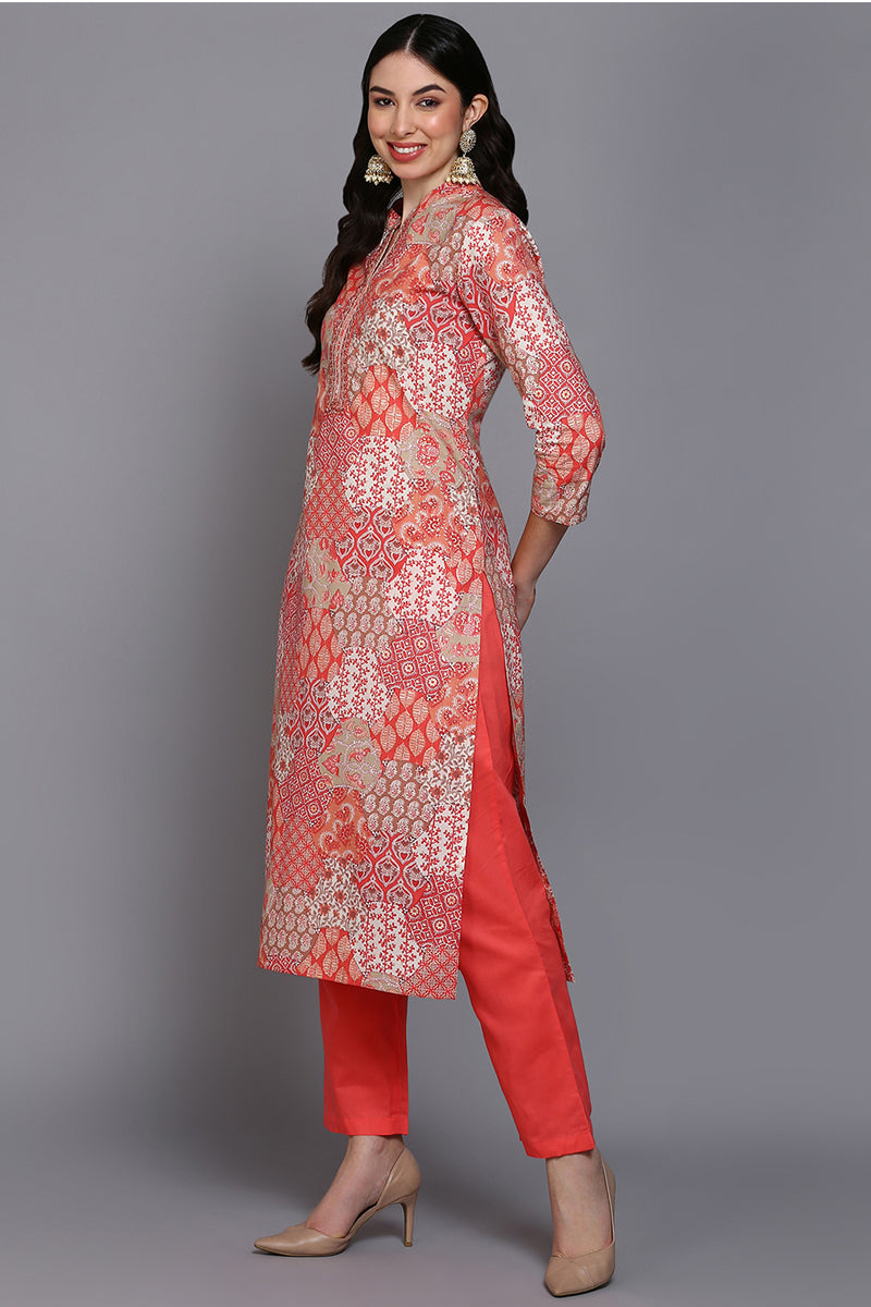 Cotton Coral Peach Printed Straight Kurta Pant With Dupatta VKSKD1859