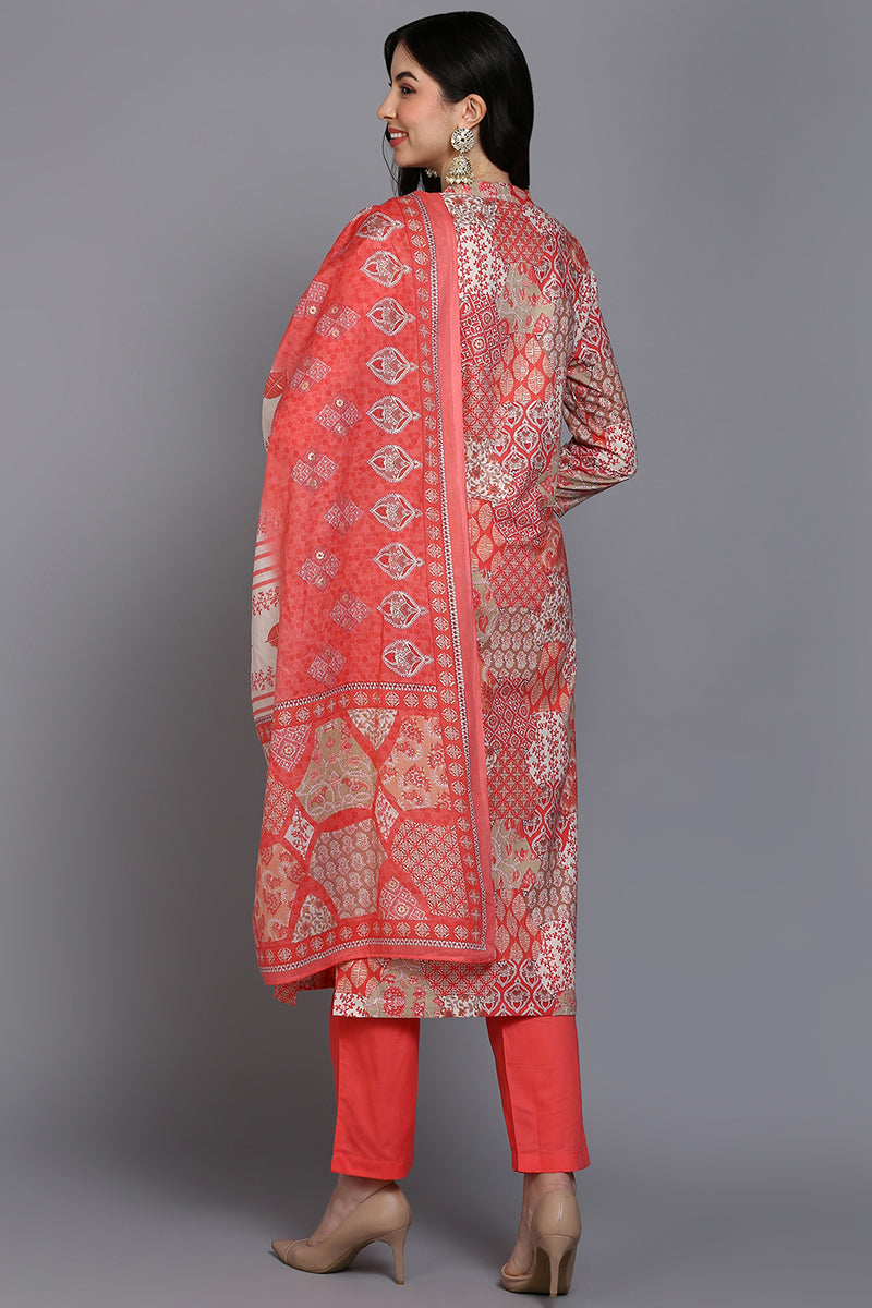 Cotton Coral Peach Printed Straight Kurta Pant With Dupatta VKSKD1859