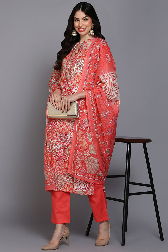 Cotton Coral Peach Printed Straight Kurta Pant With Dupatta VKSKD1859