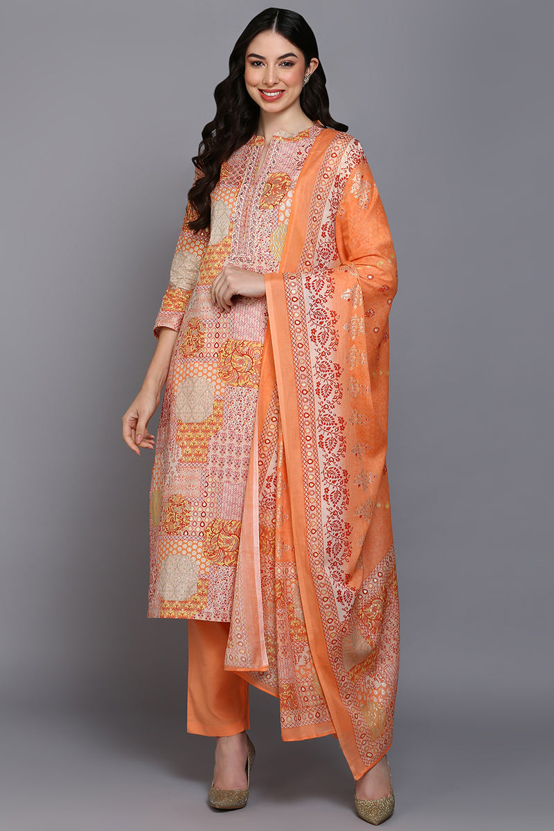 Cotton Peach Printed Straight Kurta Pant With Dupatta VKSKD1860