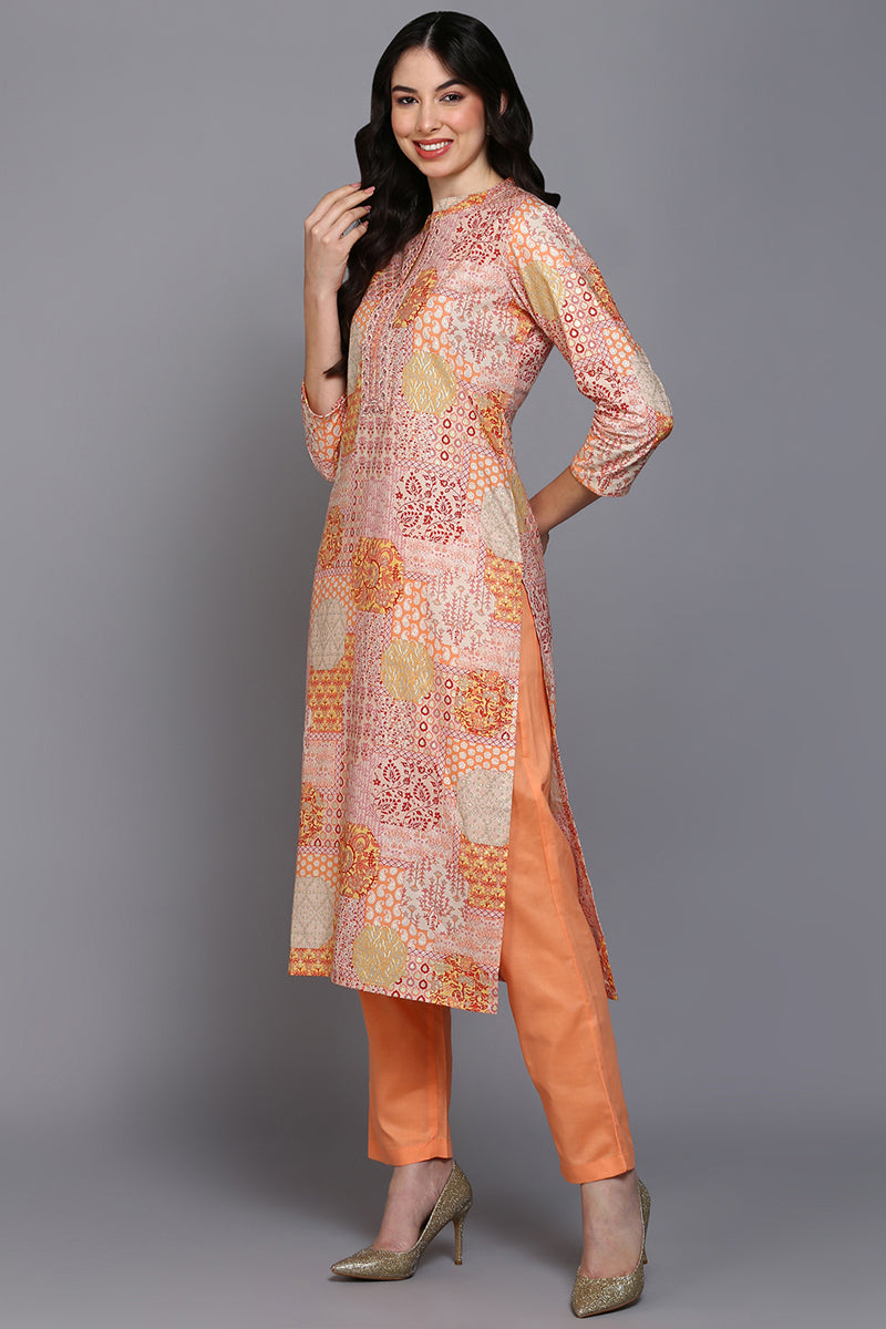 Cotton Peach Printed Straight Kurta Pant With Dupatta VKSKD1860