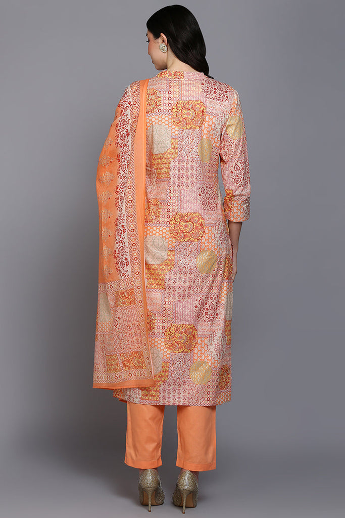 Cotton Peach Printed Straight Kurta Pant With Dupatta VKSKD1860