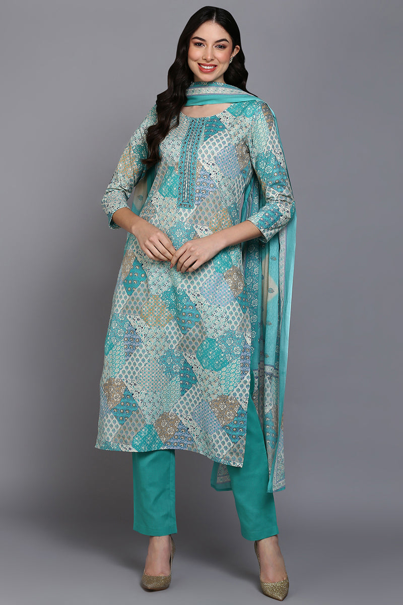 Cotton Aqua Green Printed Straight Kurta Pant With Dupatta VKSKD1862