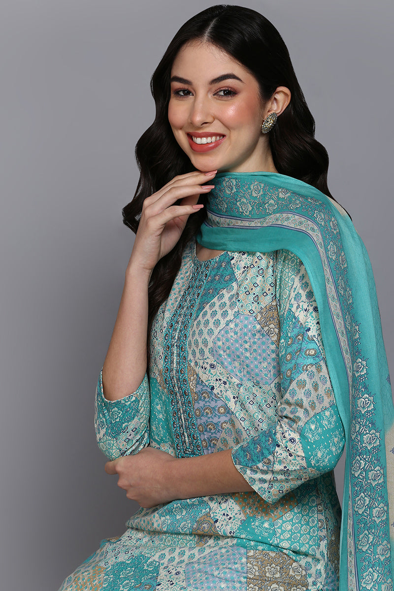 Cotton Aqua Green Printed Straight Kurta Pant With Dupatta VKSKD1862