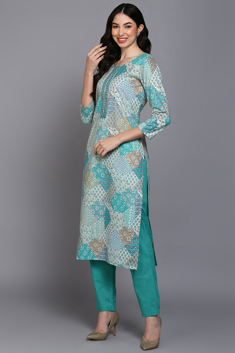 Cotton Aqua Green Printed Straight Kurta Pant With Dupatta VKSKD1862