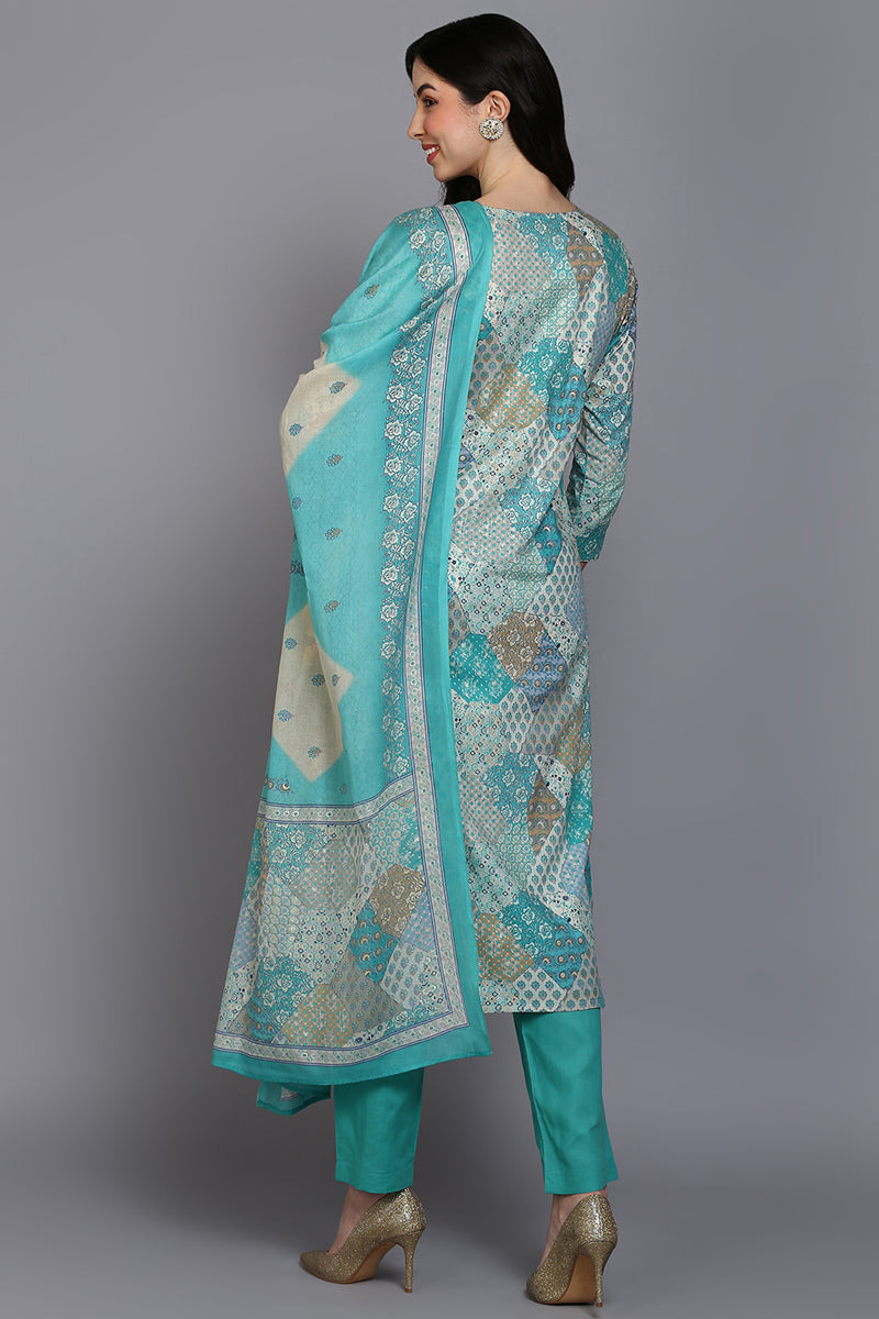 Cotton Aqua Green Printed Straight Kurta Pant With Dupatta VKSKD1862